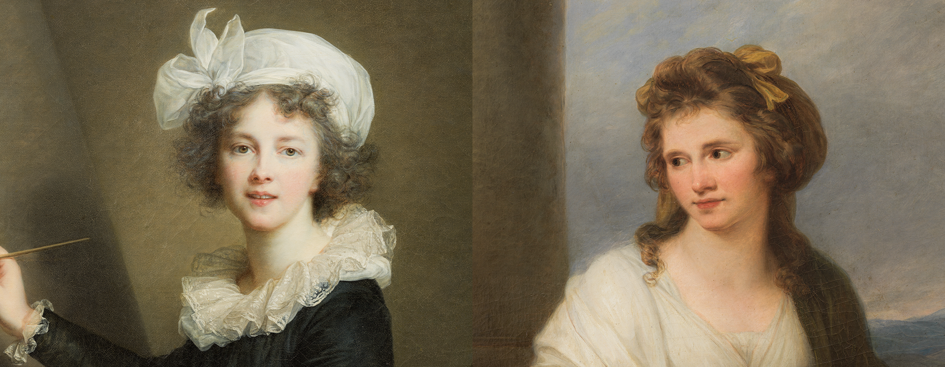 Grafica ufficiale della mostra: dettagli degli autoritratti di Élisabeth Vigée Le Brun e Angelica Kauffmann conservati alle Gallerie degli Uffizi