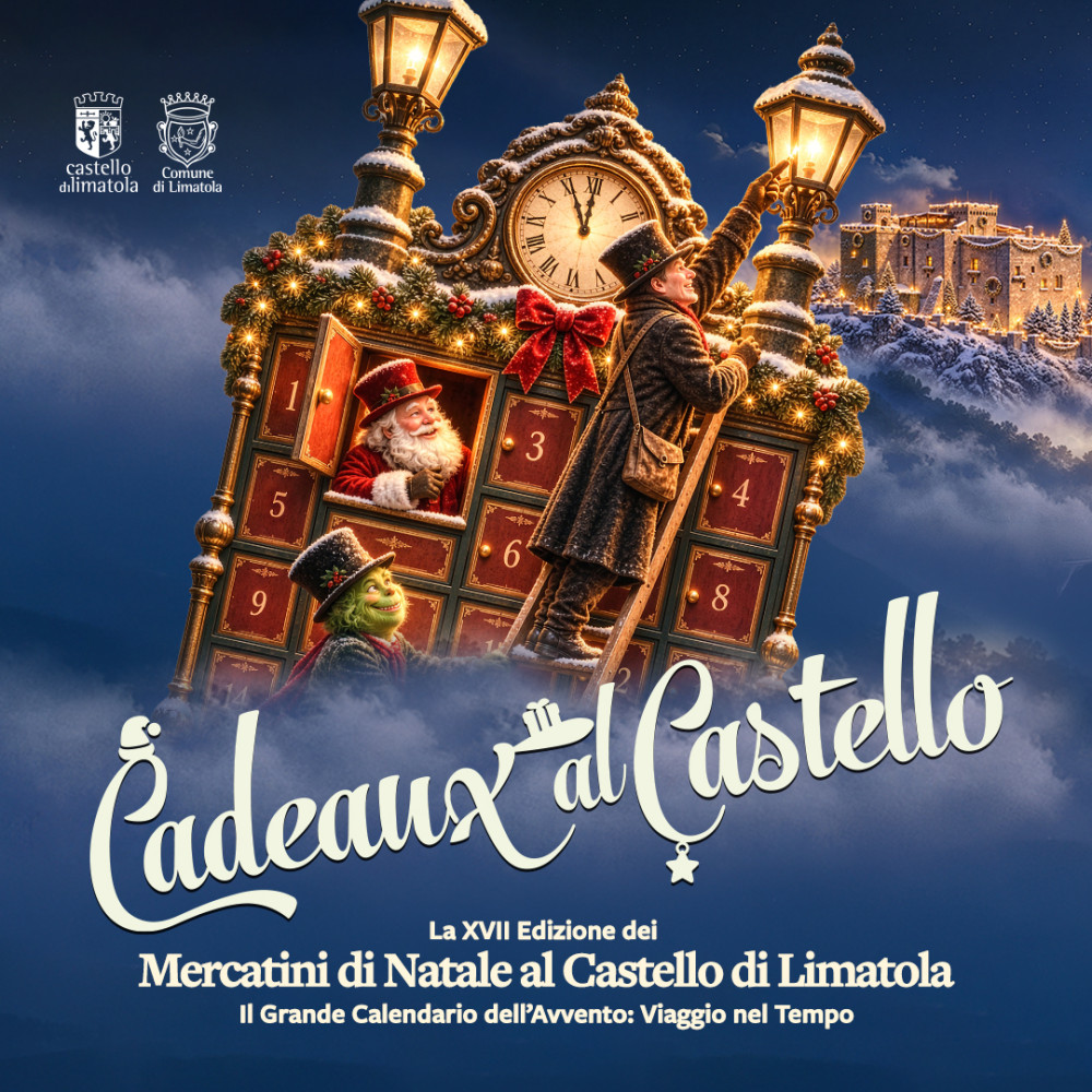 Illustrazione della XVII edizione di Cadeaux al Castello: calendario dell'Avvento e Castello di Limatola innevato