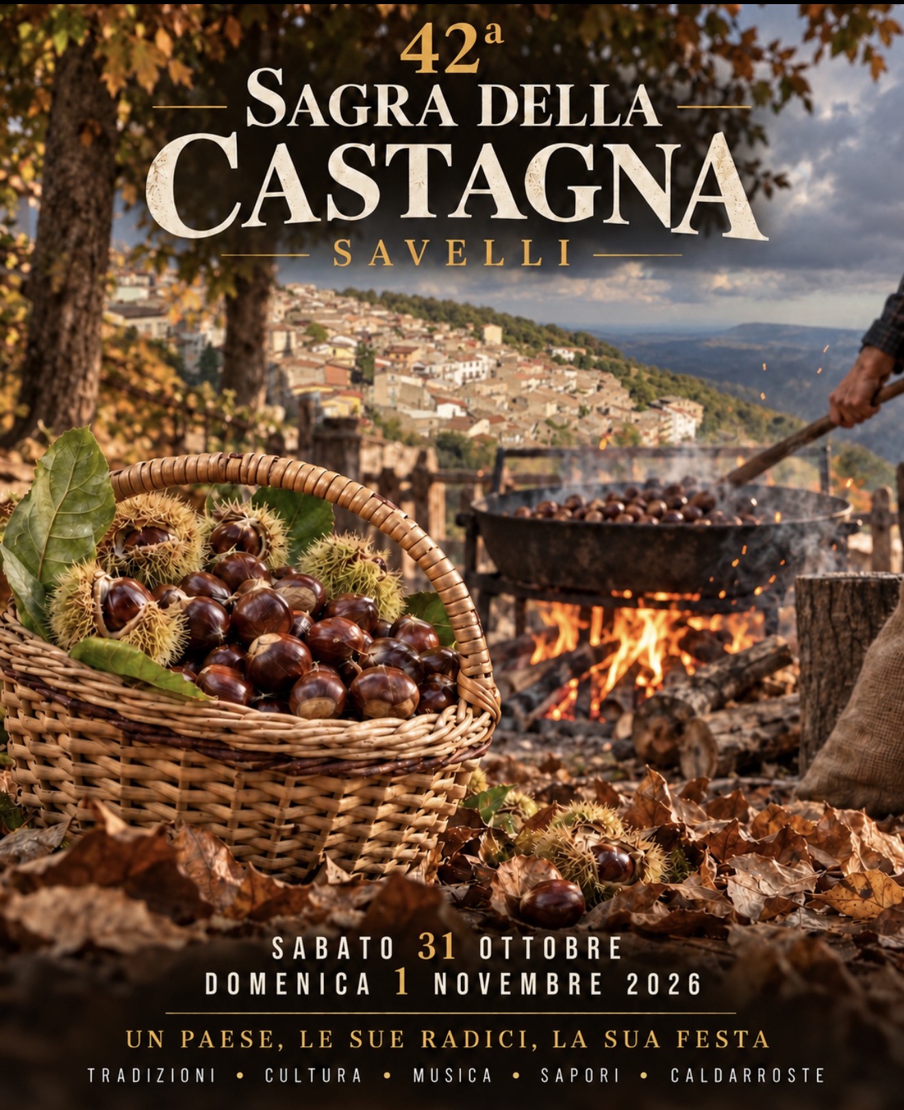 Locandina illustrata della 42ª Sagra della Castagna di Savelli, 31 ottobre e 1 novembre 2026, con un cesto di castagne e caldarroste sul fuoco