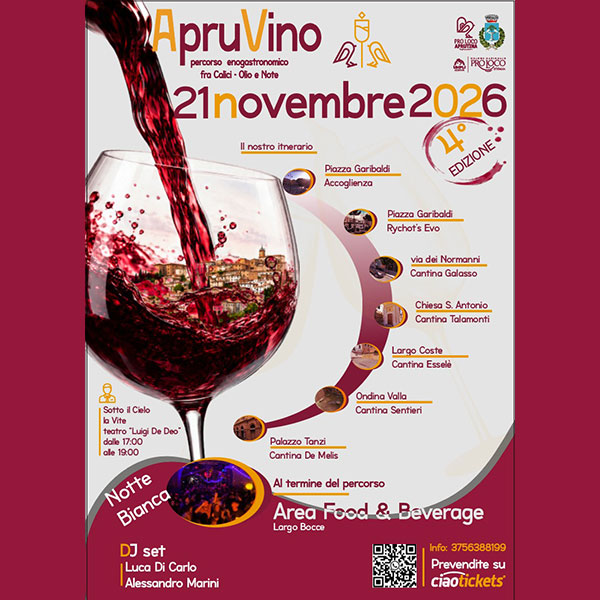 Locandina di ApruVino 2026, percorso enogastronomico del 21 novembre 2026 a Loreto Aprutino