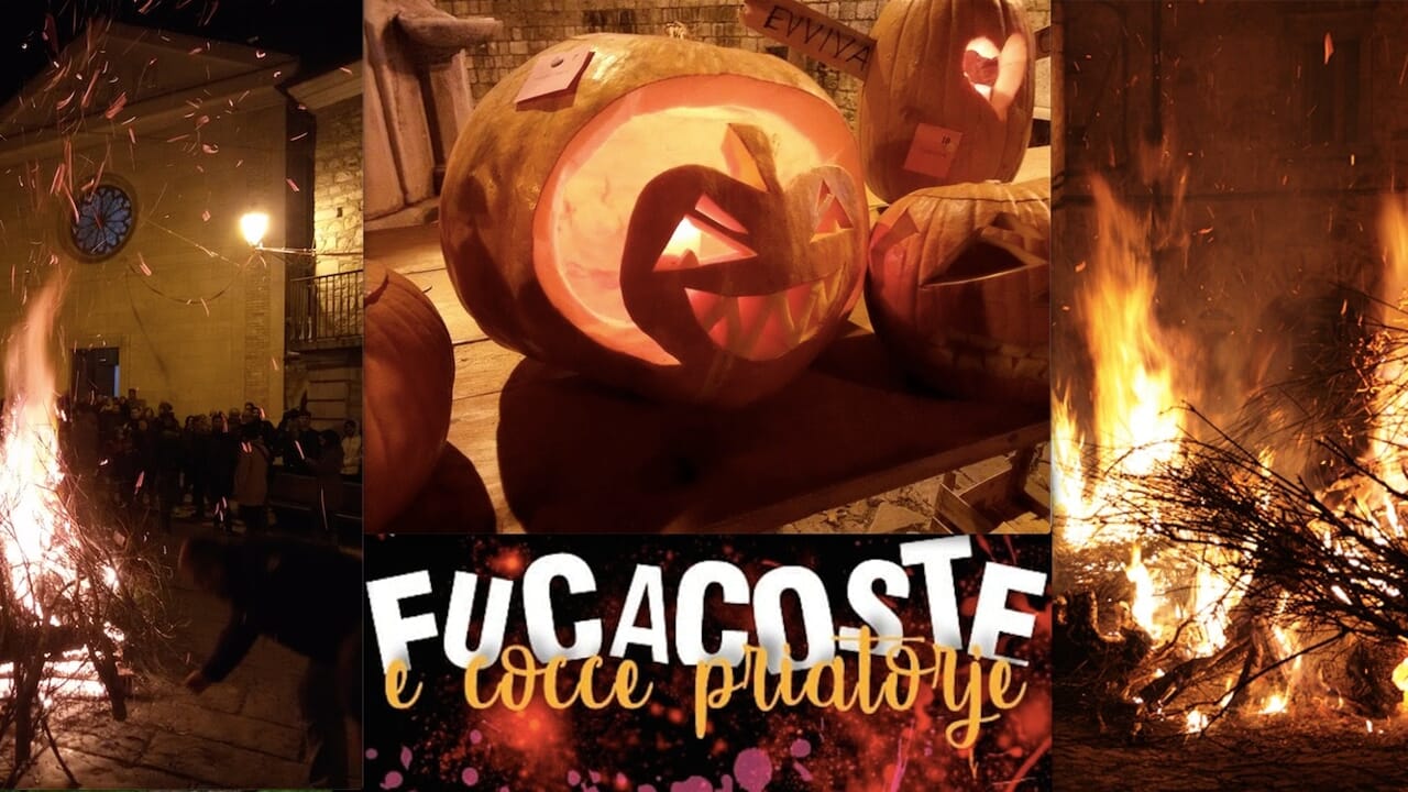 Composizione di foto d'archivio dei Fucacoste di Orsara di Puglia: falò notturni e zucche intagliate, con il titolo della festa